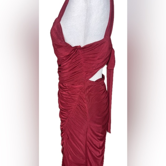 Firfig Wine Red Square Neck Ruched Maxi Dress Slit Floor Length Black Tie Large - Picture 6 of 11